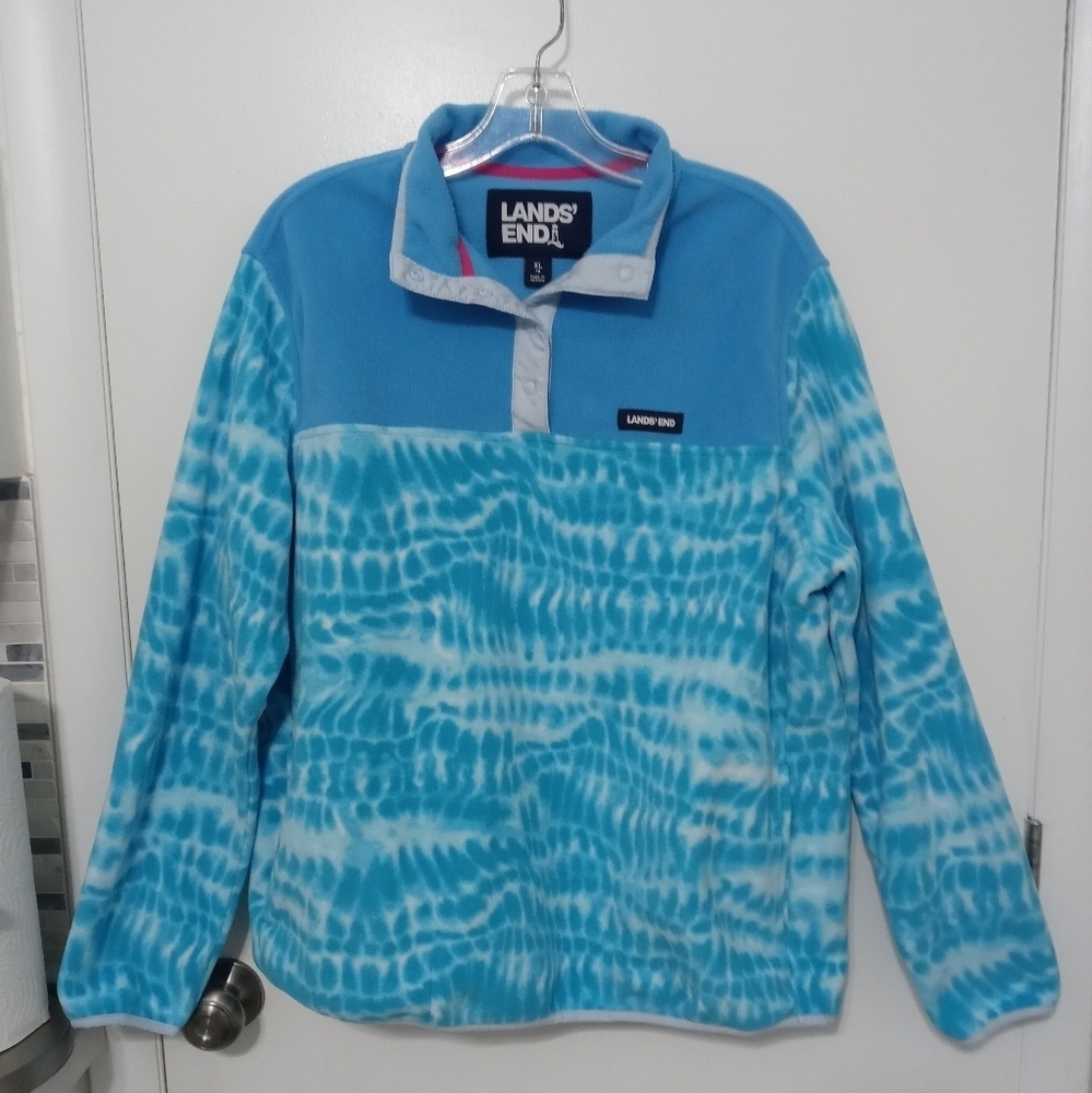 Land's End 1/4 Snap Pullover fleece 2 tone blue animal Print Jacket XL